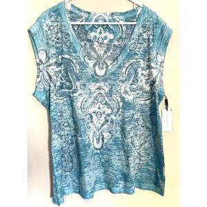 Calvin Klein Performance‎ Shirt Womens 3X Blue Paisley Quick Dry V Neck Tank NWT